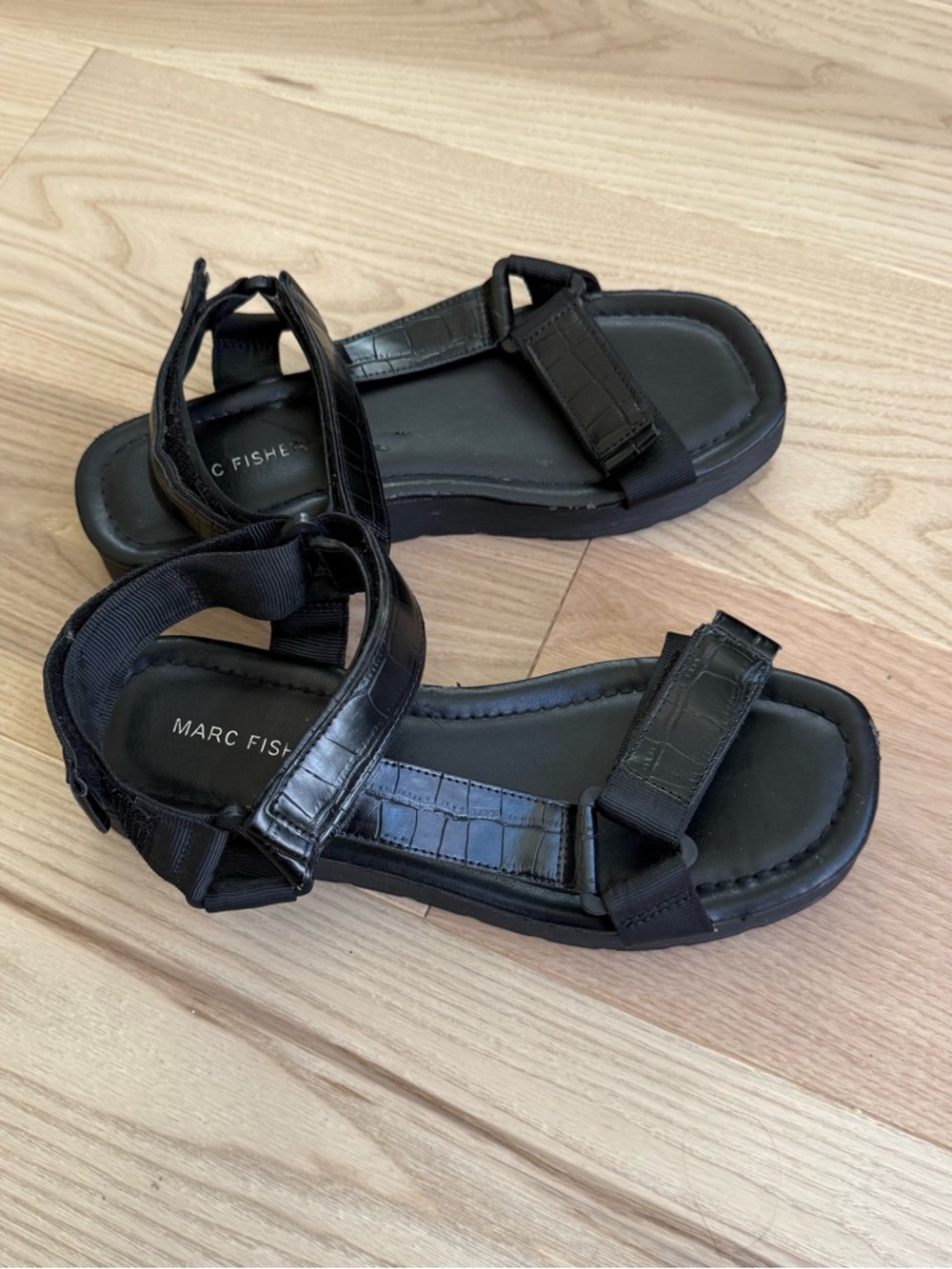 Marc Fisher Black Croc-Texture Strap Sandals